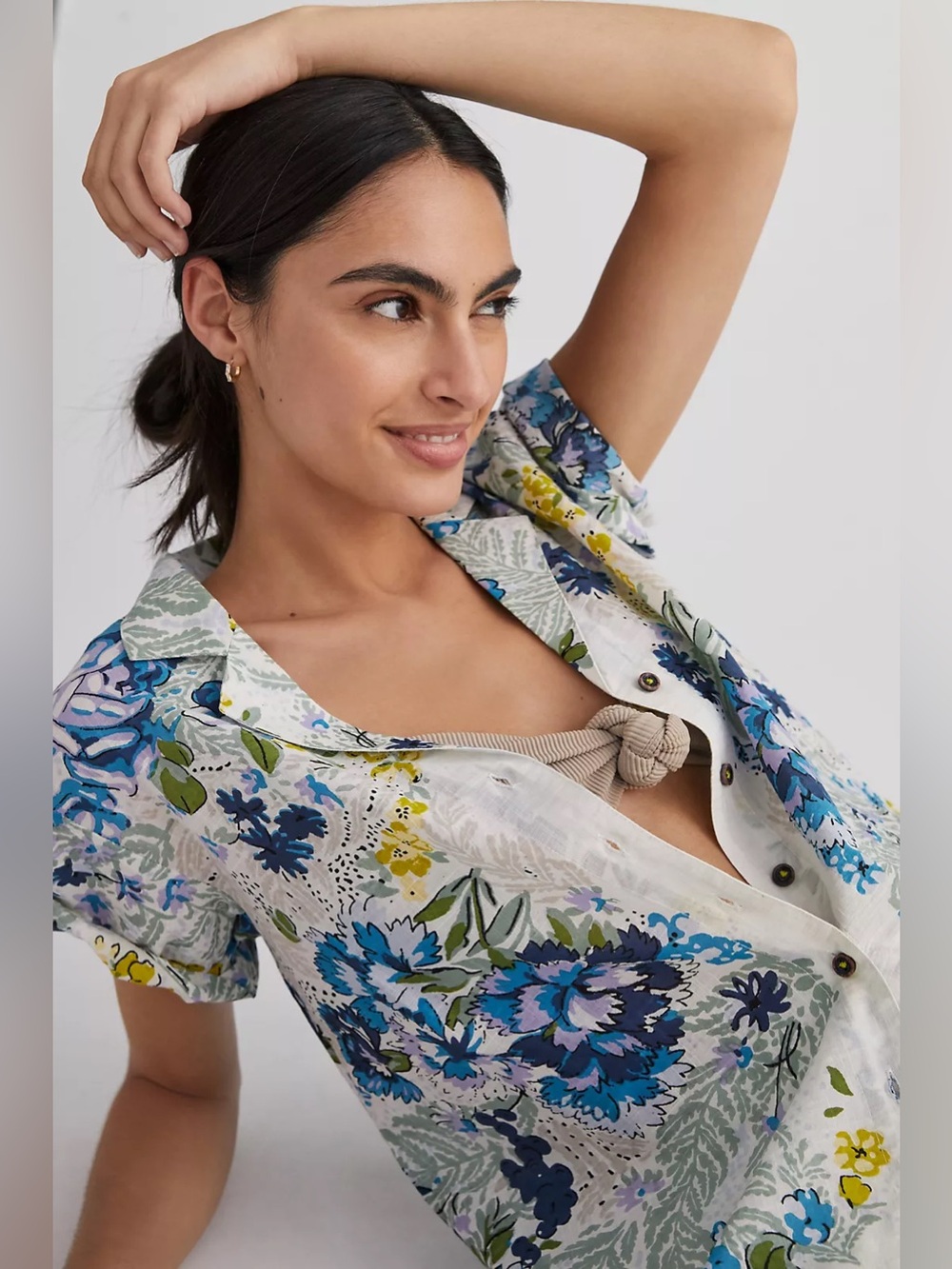 Floral Button-Front Camp Collar Top in Blue Multi